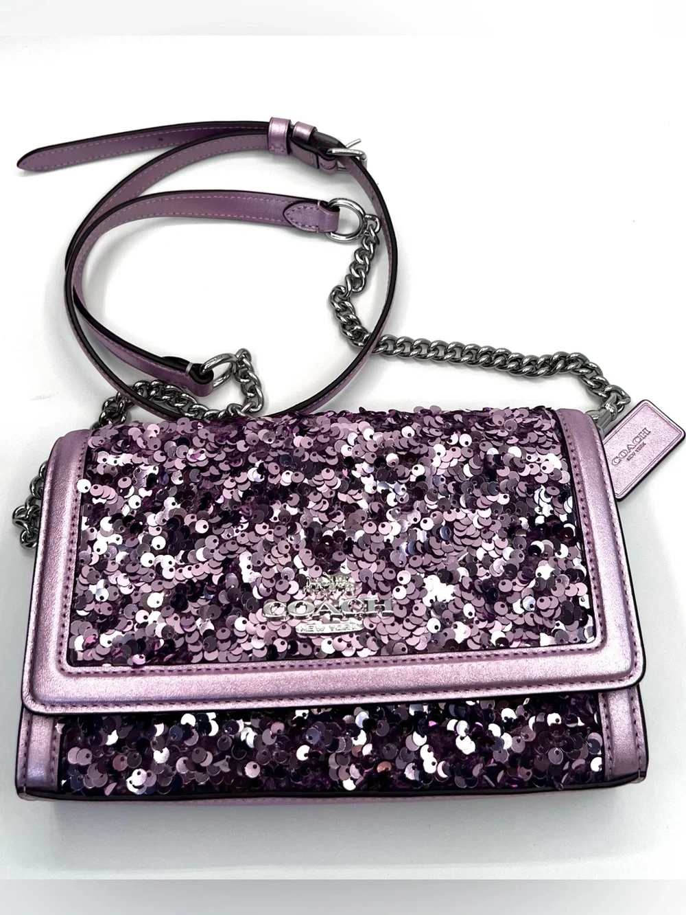 Coach Flap Clutch Crossbody Bag in Lilac Metallic Leather & Sequins